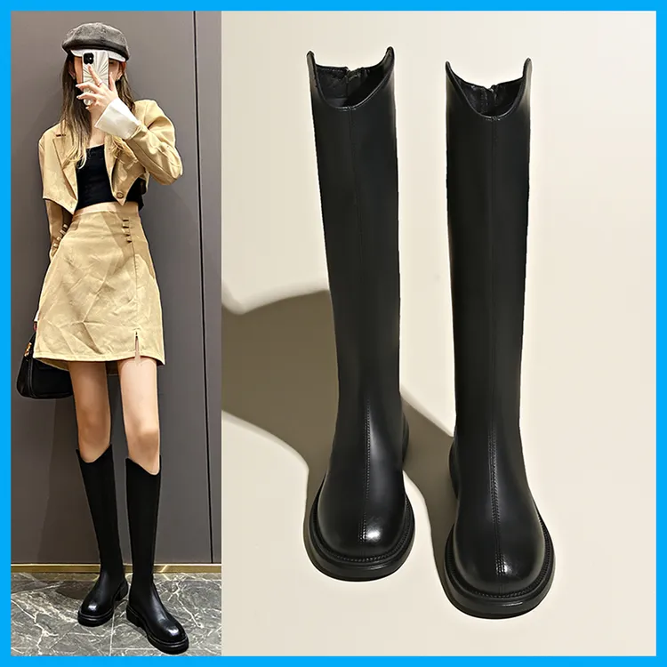 秋冬新款加绒平底长靴女黑色V口百搭时尚厚底增高显瘦高筒长筒靴