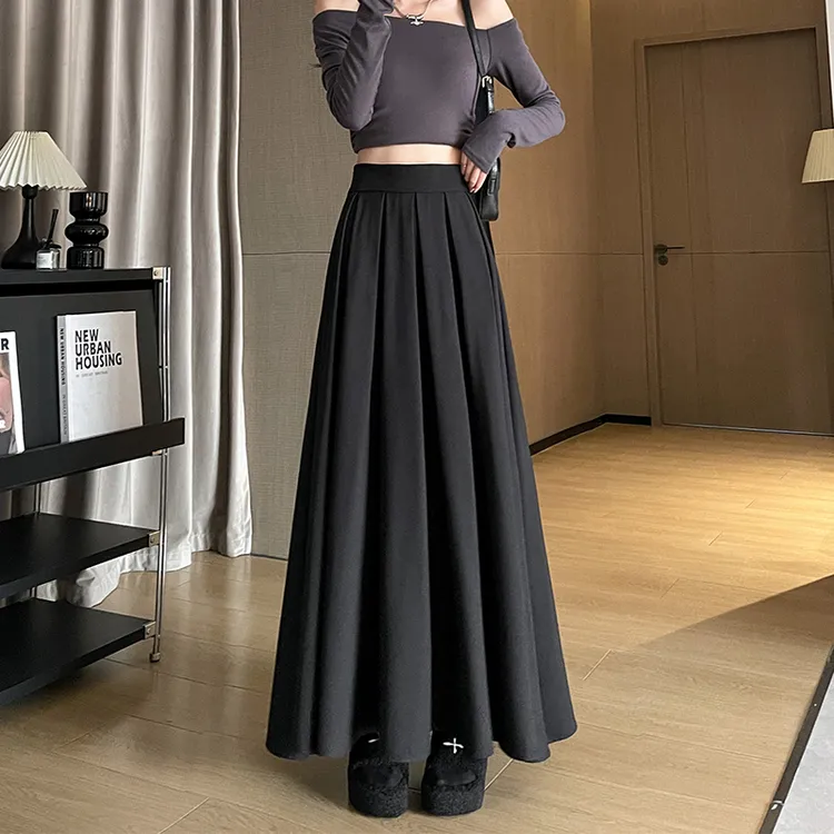 170高个子加长裙子女2024秋季伞裙高腰垂感百褶裙西装A字半身长裙