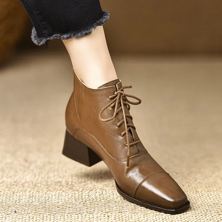 手工真皮~4cm黑色方头粗跟短靴女中跟系带马丁靴舒适头层牛皮踝靴