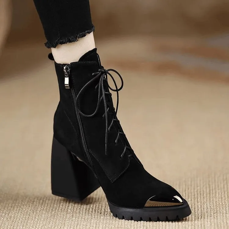 手工全真皮女鞋~9.3cm英伦羊皮高跟马丁靴尖头粗跟防水台厚底短靴