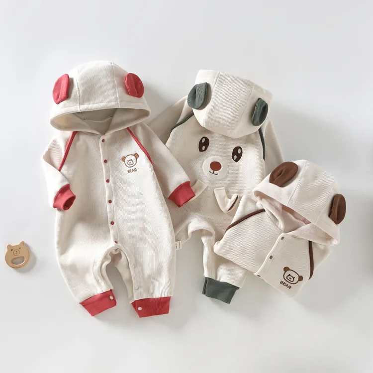 新款超萌婴儿服冬季外出加绒连体衣男女宝宝卡通小熊连帽哈衣秋冬
