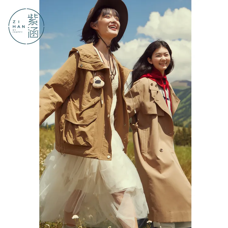 紫涵连帽大口袋风衣女新款日系风设计感宽松休闲外套Z4Z08AS361