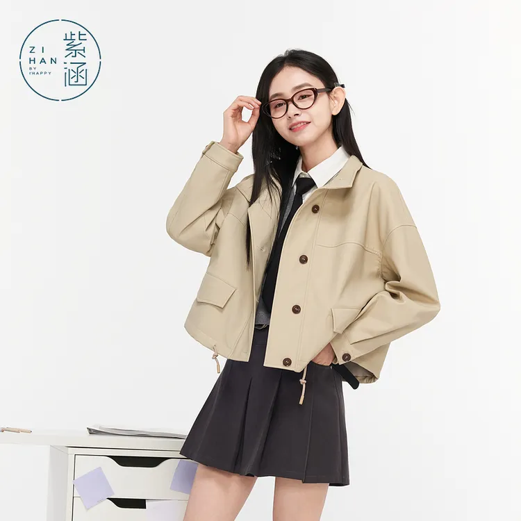 紫涵翻领长袖短款外套女休闲简约宽松夹克Z4Z07AN326