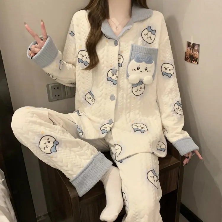 夹层睡衣女士春秋季加厚空气棉可爱小八长袖长裤保暖家居服两件套