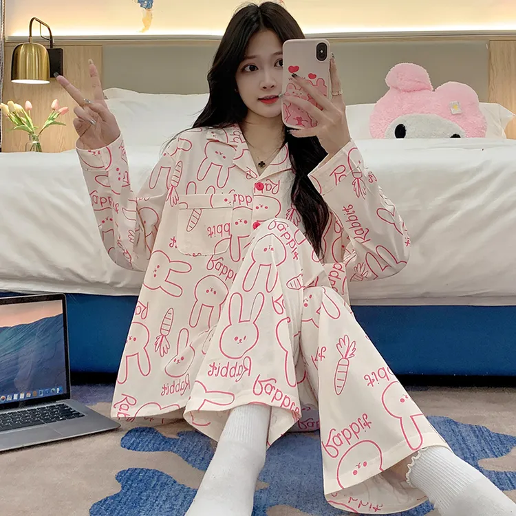 睡衣女春秋款长袖纯棉可爱宽松女士夏天薄款可外穿家居服秋冬套装