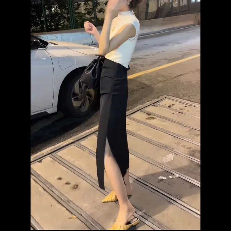【姜千万】气质显瘦侧开叉捏褶半身裙                            