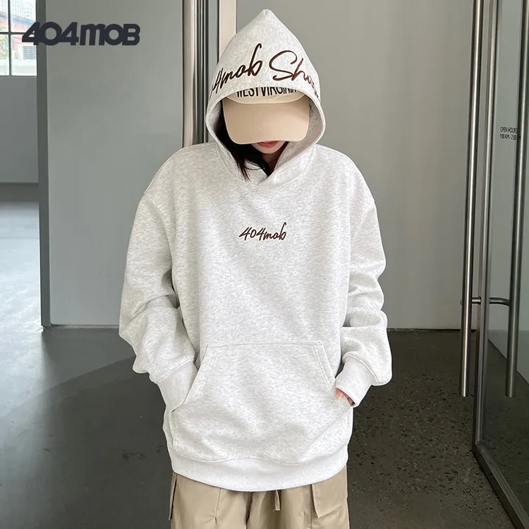 【404MOB】秋冬美式复古花体字母刺绣连帽卫衣休闲潮流百搭情侣帽衫