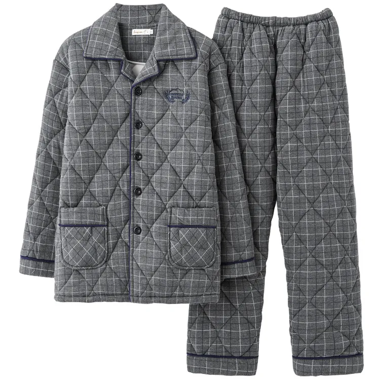 睡衣男100%纯棉三层加厚夹棉冬季棉袄秋冬款加大码居家服套装4XL