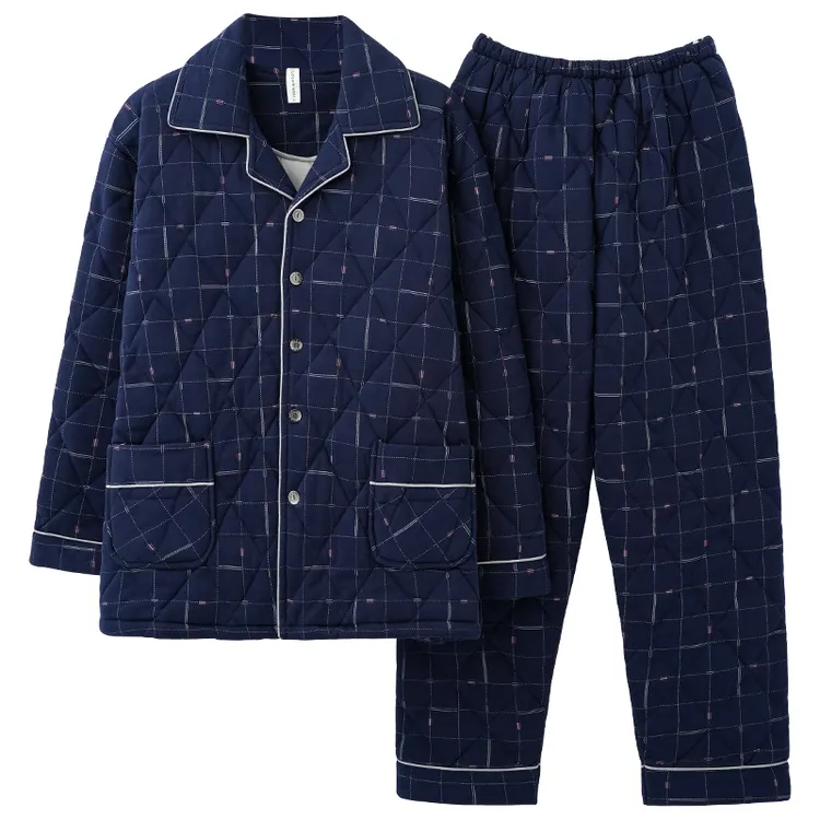 里外100%纯棉三层加厚夹棉冬季男士睡衣棉袄冬款加大码全棉居家服