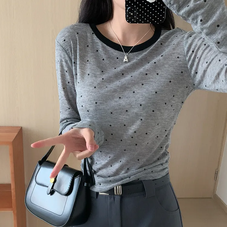 欧货纯欲波点长袖t恤女2025年新款爆款圆领打底衫女内搭早秋薄款