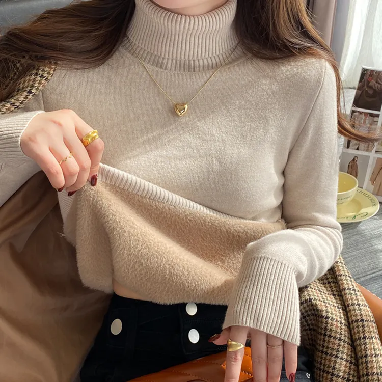 一体绒高领毛衣打底衫女加绒加厚针织衫秋冬内搭套头保暖修身上衣