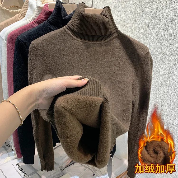 一体绒高领毛衣长袖打底衫加绒加厚保暖秋冬季上衣宽松套头针织衫