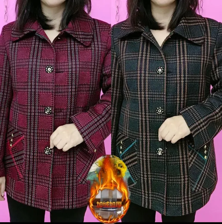 秋冬妈妈装格子女装中老年开衫外套中年洋气老人加绒上衣