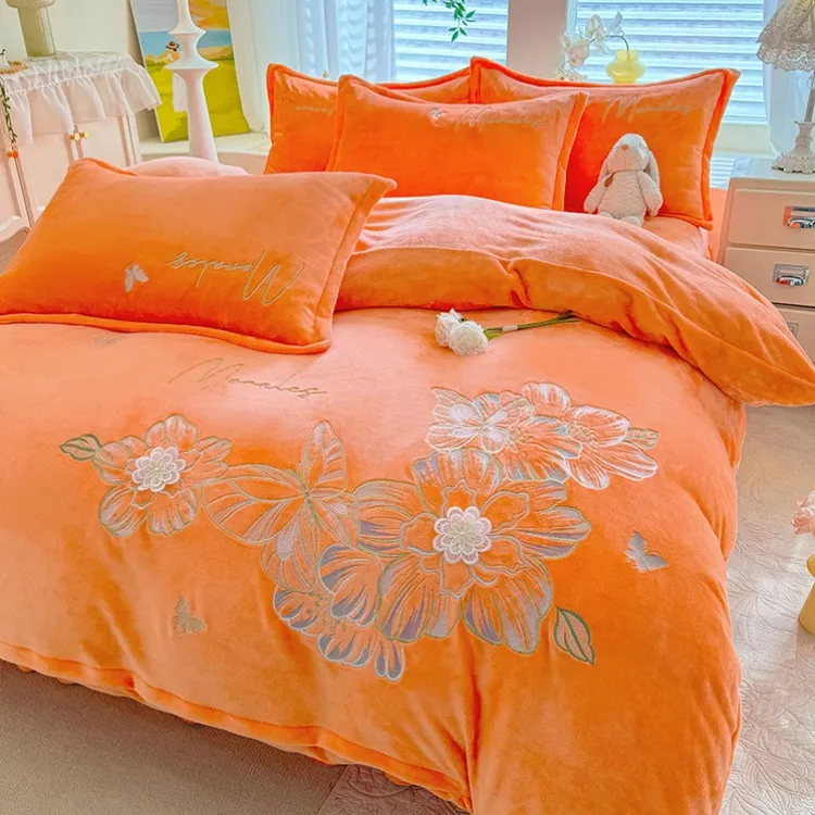 加厚牛奶绒双面绒刺绣四件套冬季床单被套加绒保暖床上用品床笠款