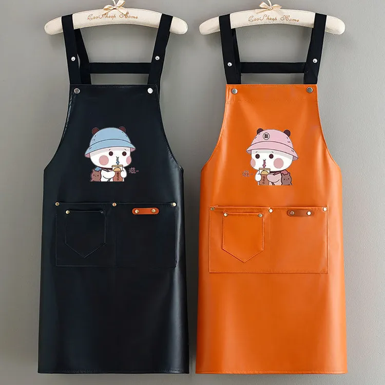 新款围裙PU防水防油简约男女同款围腰厨房美甲店工作服logo印字