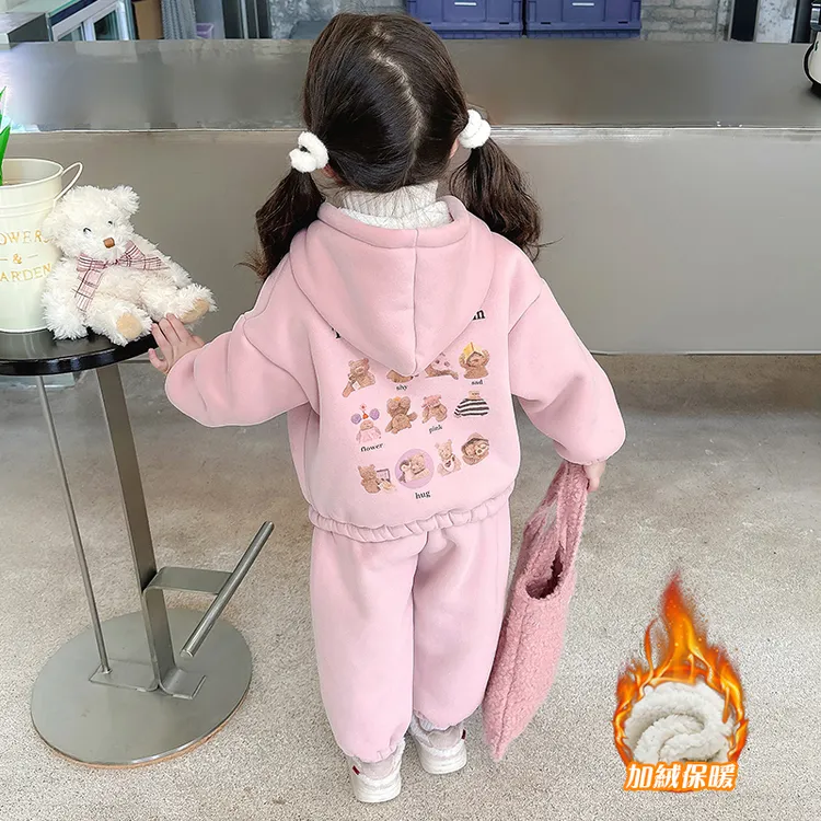 女童加绒套装2025秋冬季新款宝宝时髦加厚卫衣一体绒儿童春秋装潮