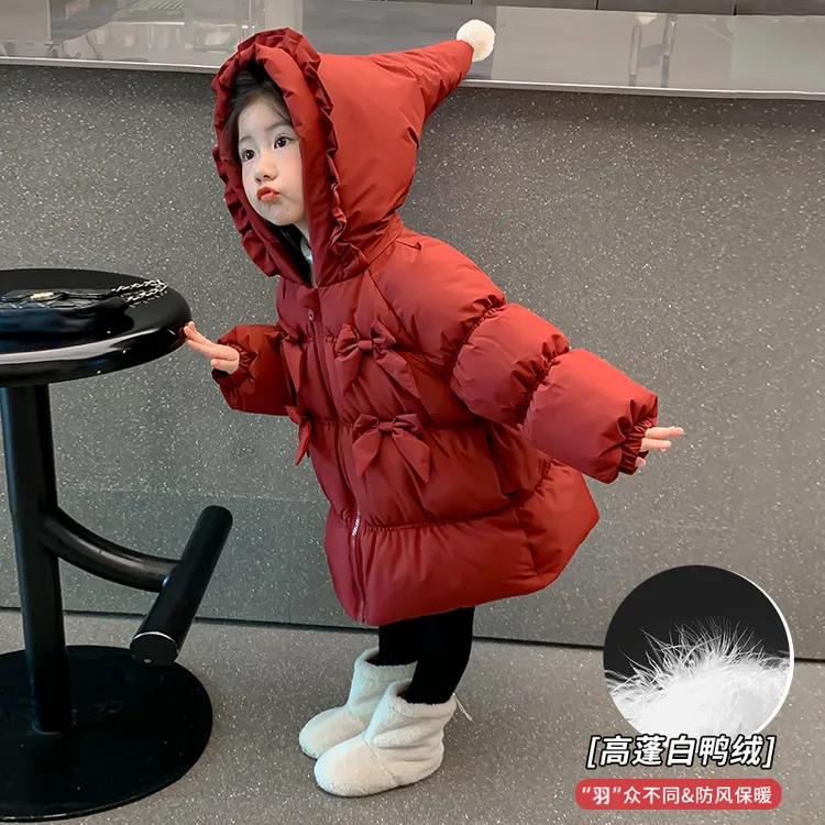 女童冬季羽绒服2025儿童红色连帽白鸭绒外套洋气宝宝冬装新款外穿