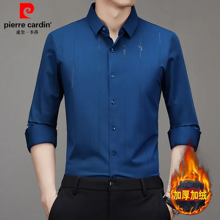 皮尔卡丹男士长袖衬衫冬季新款无痕加绒加厚保暖中年商务休闲衬衣