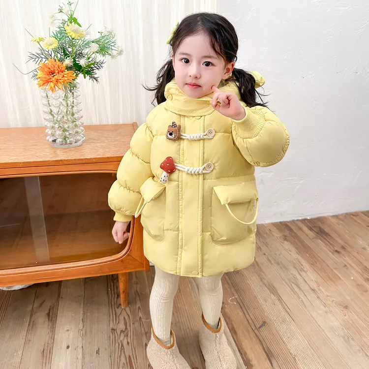 女童黄色棉衣冬季加厚加绒棉服中长款保暖外套小女孩洋气棉袄韩版