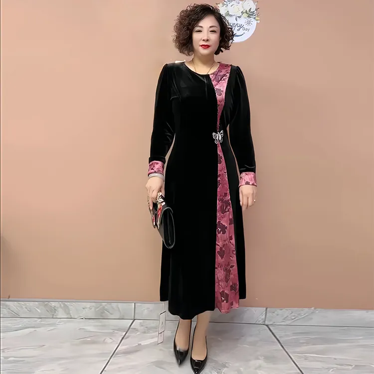 时尚气质中年妈妈金丝绒拼接连衣裙秋季新款收腰显瘦长款过膝长裙