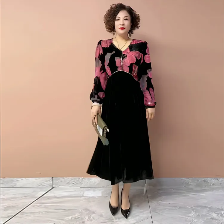 秋季新款时尚洋气金丝绒连衣裙时尚气质中年妈妈长袖拼接过膝长裙