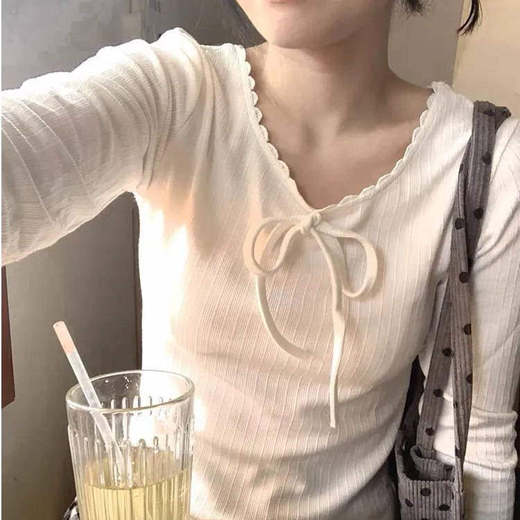 蝴蝶结长袖打底T恤早秋2024新款法式花边圆领内搭百搭上衣女装