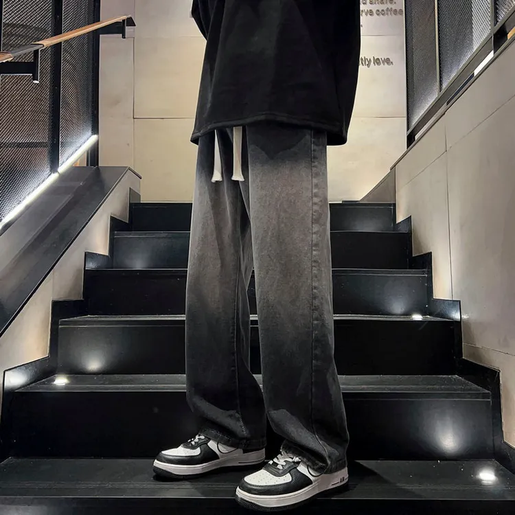 秋冬款牛仔裤做旧痞帅长裤子男春秋新款渐变色直筒宽松休闲牛仔裤