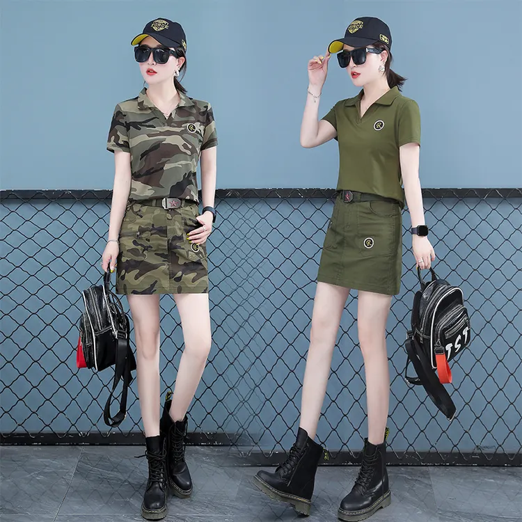 2023夏季迷彩服半身裙套装户外包臀短裙女性感短袖T恤军绿两件套