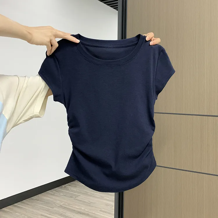 爱雅者圆领正肩短袖T恤女2024年夏季小个子辣妹褶皱收腰修身上衣1