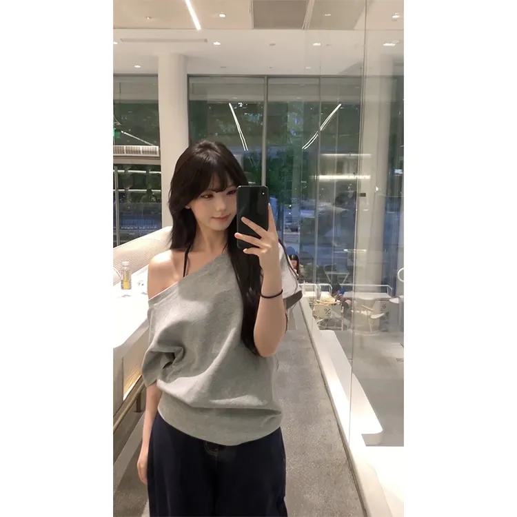 纯欲风一字领斜肩短袖上衣女2024夏季新款宽松慵懒风灰色别致T恤1