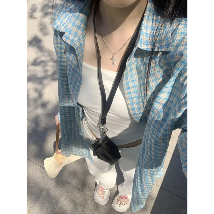 章若楠同款蓝色格子衬衫女早秋宽松慵懒风韩系防晒长袖外套上衣潮