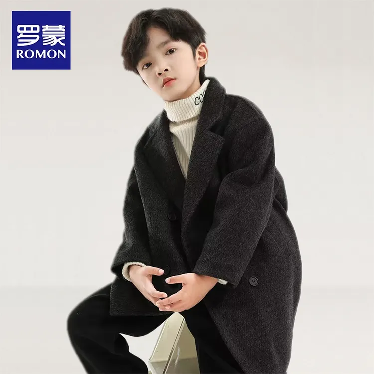 Romon/罗蒙男童毛呢大衣2025秋冬新款儿童毛呢外套加厚保暖中长款