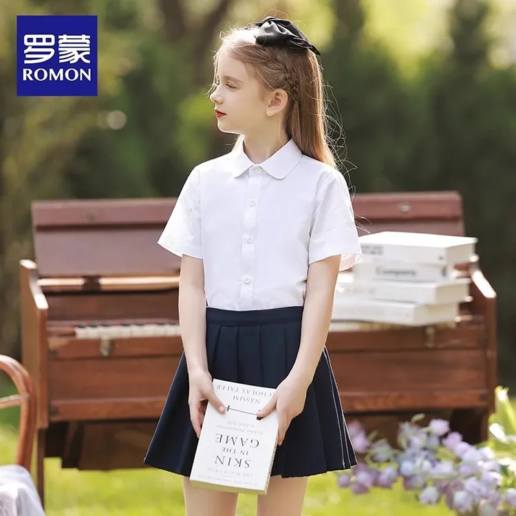 Romon/罗蒙女童棉半袖白色衬衫夏学生演出校服儿童短袖衬衣学院风