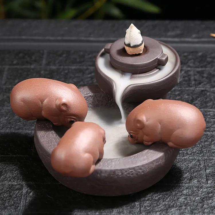 倒流香炉摆件小猪喝水手工可爱招财件茶桌茶玩紫砂茶宠厂家