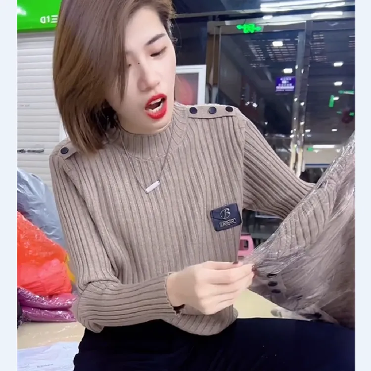 网红爆款欧货2025年秋冬新款半高领毛衣贴标燕麦色针织打底衫上衣