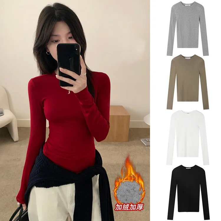 Manman Y3548自制螺纹修身显瘦打底衫上衣女长袖正肩内搭t恤