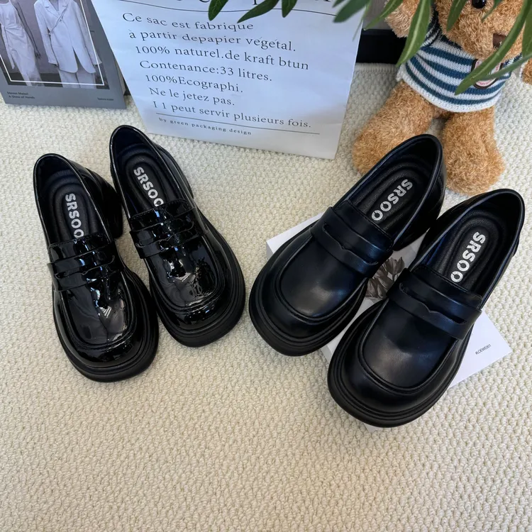 黑色厚底乐福鞋厚底女2024春季新款英伦风时尚百搭皮鞋一脚蹬粗跟