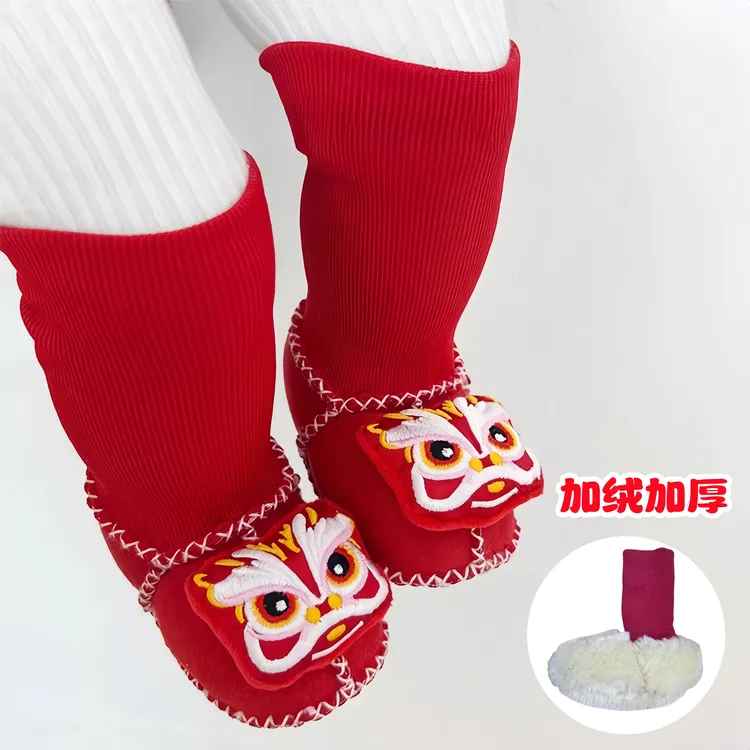 婴幼儿0-12个月宝宝冬季加绒加厚满月虎头鞋袜红色喜庆保暖婴儿鞋
