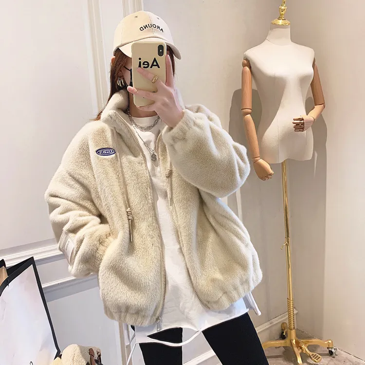厂家-韩版新款加厚毛毛外套毛绒绒外套保暖棉服女秋冬宽松上衣