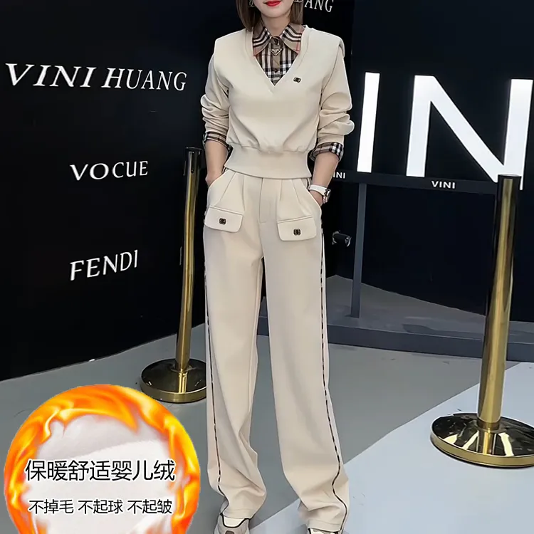仙梦语秋冬加绒假两件格子撞色衬衣领卫衣阔腿裤时尚休闲两件套