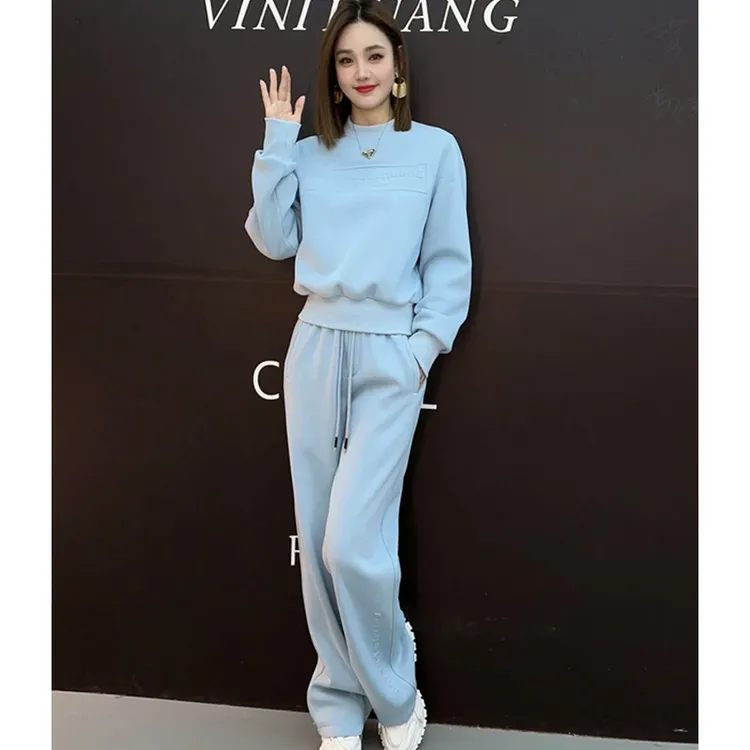 仙梦语新款加绒圆领卫衣阔腿裤两件套女装休闲舒适简约时尚套装