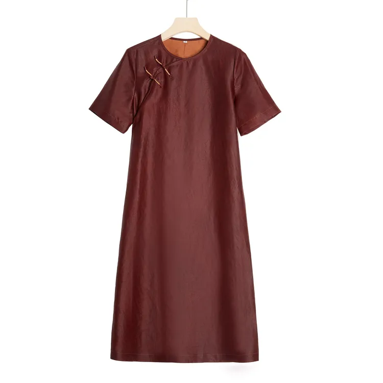 【芷墨高定】红兆•香云纱非遗中国风气质旗袍盘扣红云纱连衣裙LT039