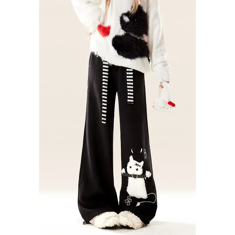 自然涩猫咪刺绣休闲运动裤女2024新款冬季黑色宽松直筒阔腿长裤子