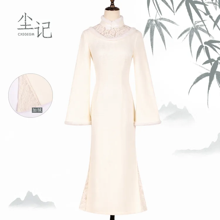 CXEGEGM/尘记【雪落】冬季加绒蕾丝时尚白色改良设计旗袍气质连衣裙