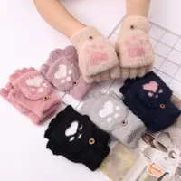 猫爪手套女冬天保暖加绒加厚学生潮写字骑行可爱针织半指翻盖手套
