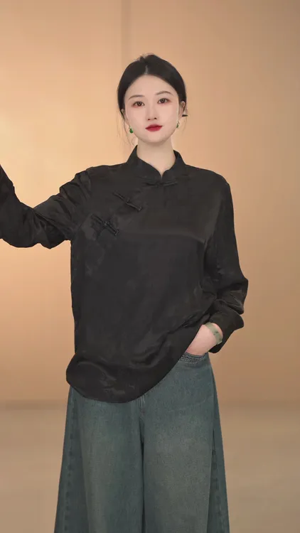 【孔雀牡丹】黑色内搭打底中式盘扣内搭ins斜襟长袖新中式立领提花
