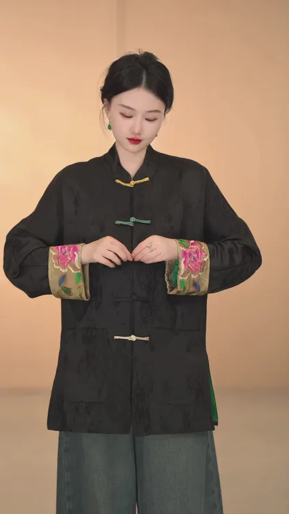 【五行扣】长袖时尚复古中国风圆领斜襟提花中式显瘦新中式宽松黑色