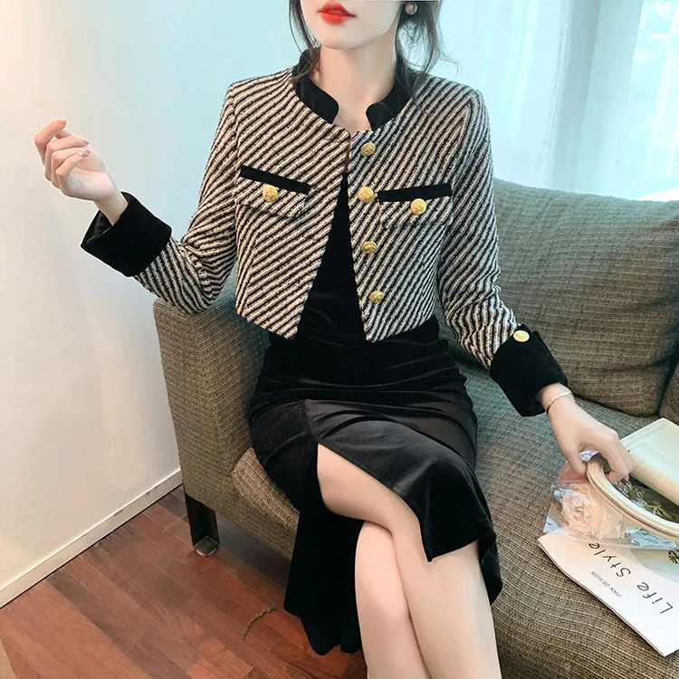 实拍秋冬小香风名媛条纹设计感时尚毛衣短外套气质小个子春秋