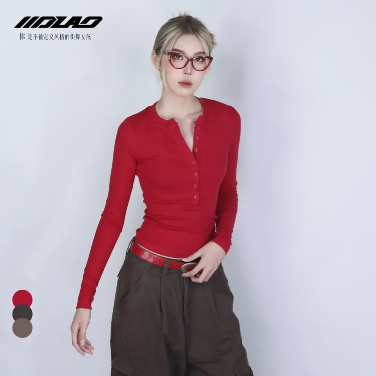 大佬妙纽扣长袖打底内搭女士圆领上衣针织秋冬显白气质7398