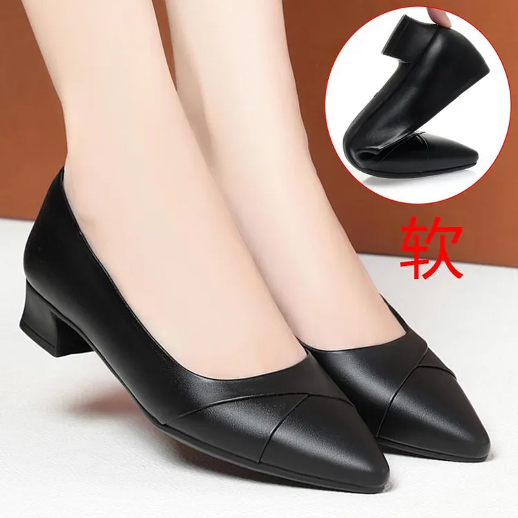 真皮软底久站不累脚粗跟工作鞋女黑色工装面试皮鞋单鞋女鞋春秋季